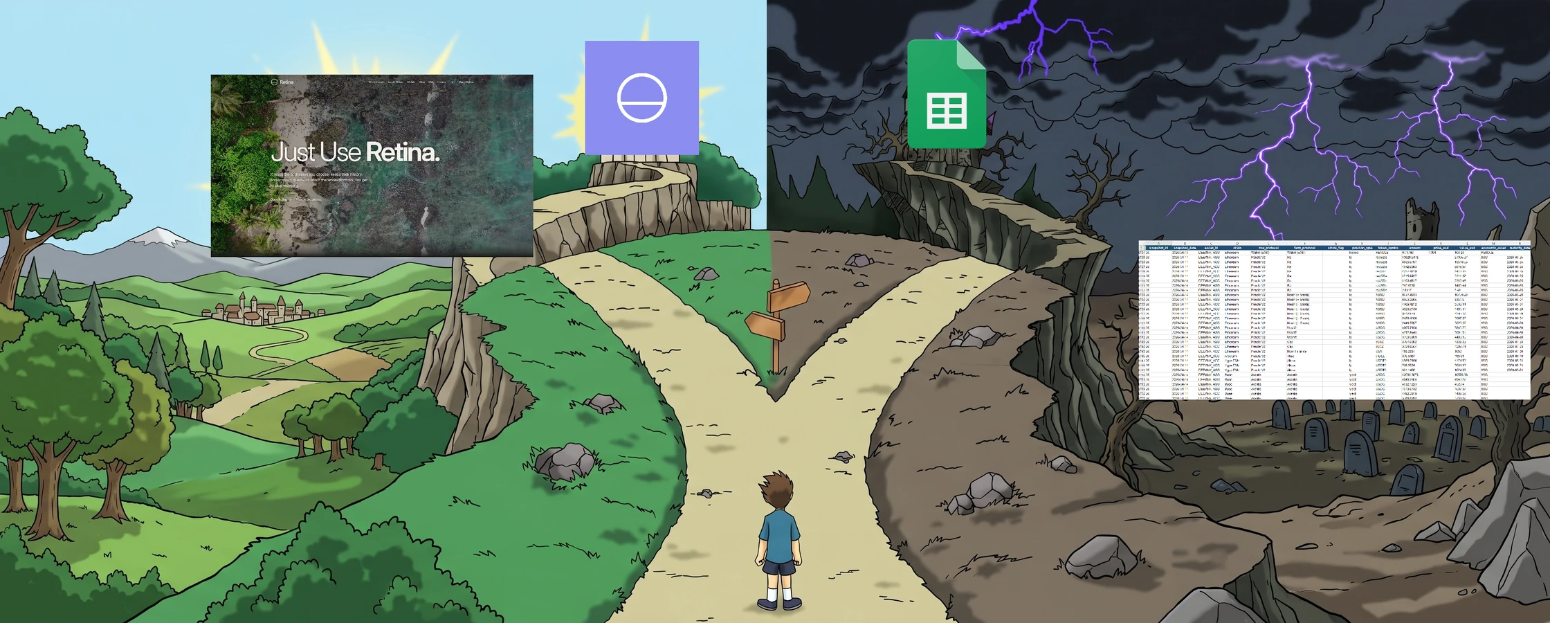 A fork in the road. One path leads to a bright landscape and the Retina dashboard, the other to a storm and a spreadsheet full of positions.