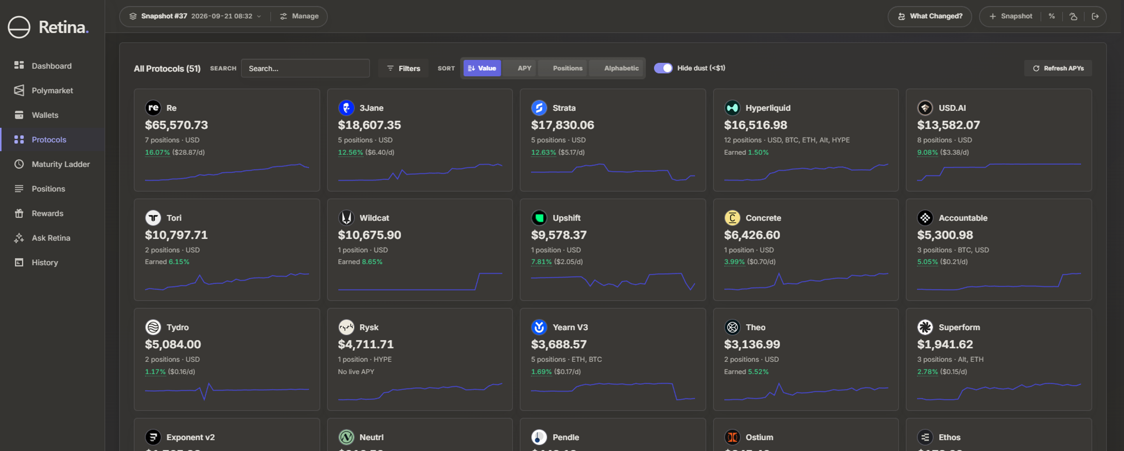 Retina's Protocols page, one card per protocol with its value, its number of positions, its APY and a chart of its value over time.